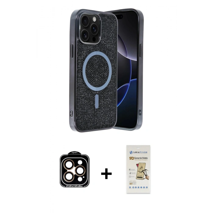 MARSİLYAN™- iPhone 14 Pro Max Kılıf Eksen Çizgi - Siyah Mat Seramik Nano Ekran Koruyucu + Turuncu PVD Metal Kamera Lens