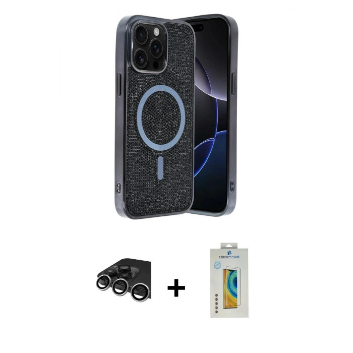MARSİLYAN™- iPhone 14 Pro Max Kılıf Eksen Çizgi - Siyah Polymer Nano Ekran Koruyucu + Raze Metal Kamera Lens - GS