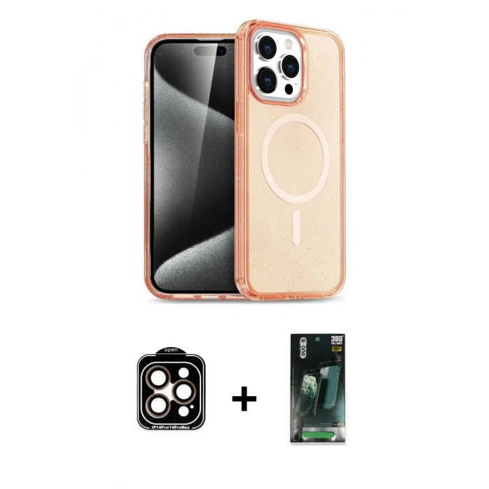 MARSİLYAN™- iPhone 14 Pro Max Kılıf Eksen Doku Koleksiyonu - Şeffaf 360 Full Body Arka Koruyucu + Turuncu PVD Metal Kamera Lens