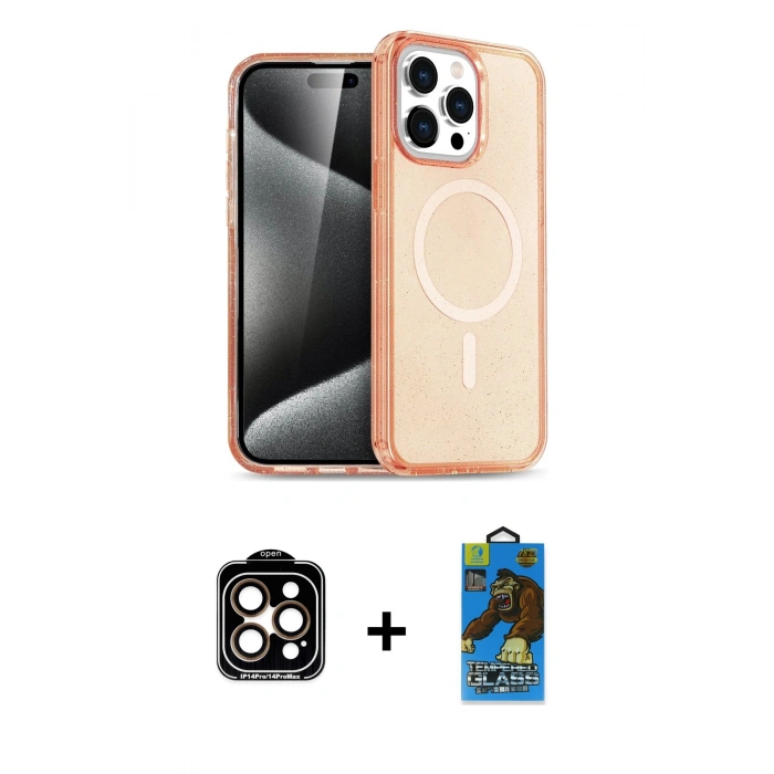 MARSİLYAN™- iPhone 14 Pro Max Kılıf Eksen Doku Koleksiyonu - Siyah 18D Cam Ekran Koruyucu + PVD Metal Kamera Lens - TU
