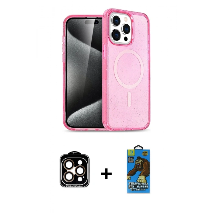 MARSİLYAN™- iPhone 14 Pro Max Kılıf Eksen Doku Koleksiyonu - Siyah 18D Cam Ekran Koruyucu + PVD Metal Kamera Lens - TU