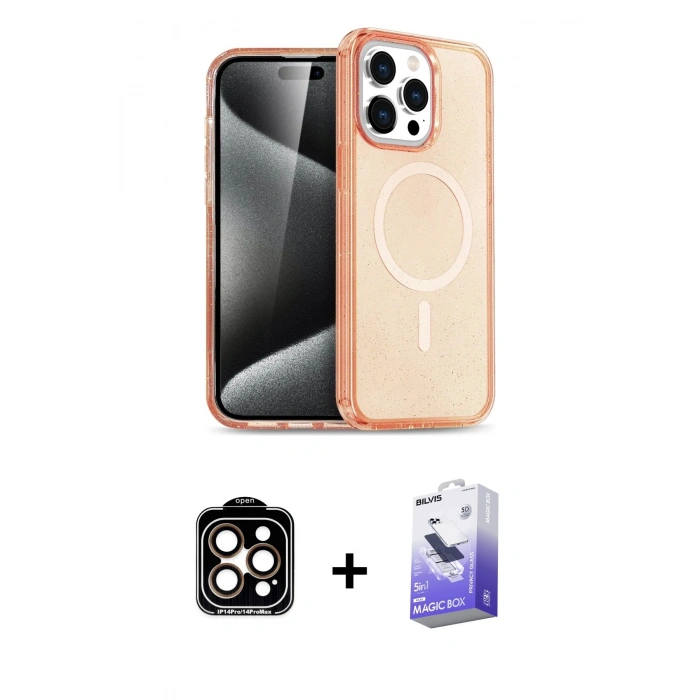 MARSİLYAN™- iPhone 14 Pro Max Kılıf Eksen Doku Koleksiyonu - Siyah Bilvis 5in1 5D Magic Hayalet Cam Ekran Koruyucu + Turuncu PVD Metal Kamera Lens