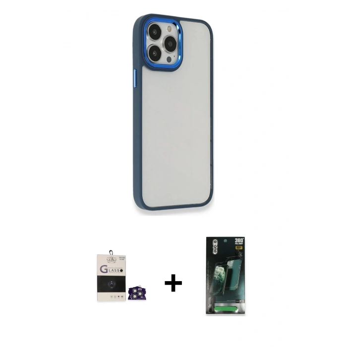 MARSİLYAN™- iPhone 14 Pro Max Kılıf Eksen Doku Prime - Şeffaf 360 Full Body Arka Koruyucu + Bilvis Titan Kamera Lens - GS
