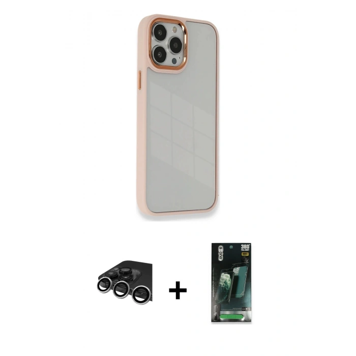 MARSİLYAN™- iPhone 14 Pro Max Kılıf Eksen Doku Prime - Şeffaf 360 Full Body Arka Koruyucu + Gümüş Raze Metal Kamera Lens