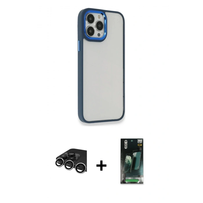 MARSİLYAN™- iPhone 14 Pro Max Kılıf Eksen Doku Prime - Şeffaf 360 Full Body Arka Koruyucu + Gümüş Raze Metal Kamera Lens