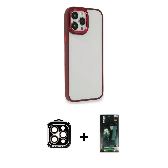 MARSİLYAN™- iPhone 14 Pro Max Kılıf Eksen Doku Prime - Şeffaf 360 Full Body Arka Koruyucu + PVD Metal Kamera Lens - TU