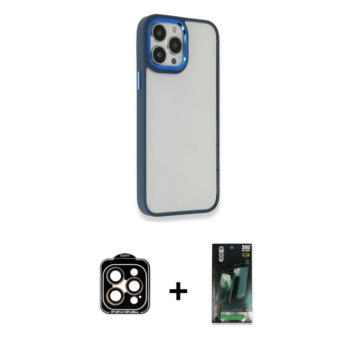 MARSİLYAN™- iPhone 14 Pro Max Kılıf Eksen Doku Prime - Şeffaf 360 Full Body Arka Koruyucu + PVD Metal Kamera Lens - TU