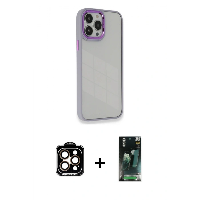 MARSİLYAN™- iPhone 14 Pro Max Kılıf Eksen Doku Prime - Şeffaf 360 Full Body Arka Koruyucu + PVD Metal Kamera Lens - TU