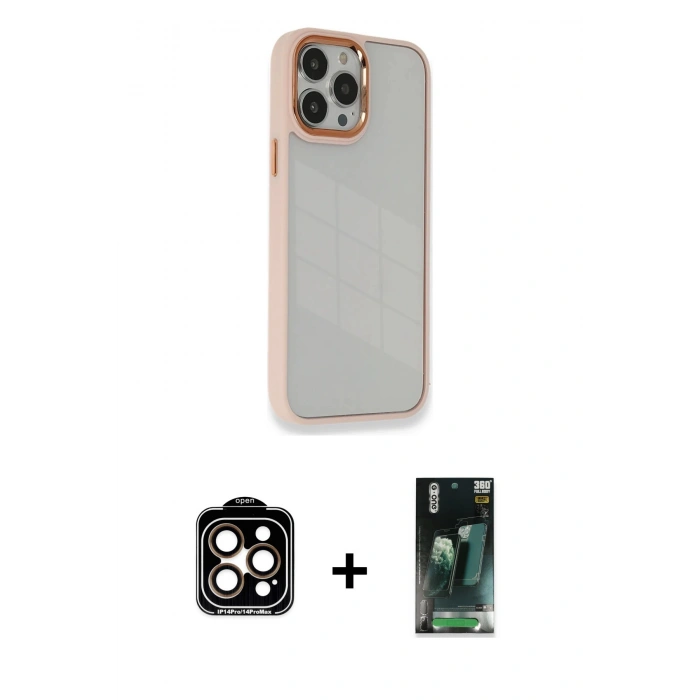 MARSİLYAN™- iPhone 14 Pro Max Kılıf Eksen Doku Prime - Şeffaf 360 Full Body Arka Koruyucu + PVD Metal Kamera Lens - TU