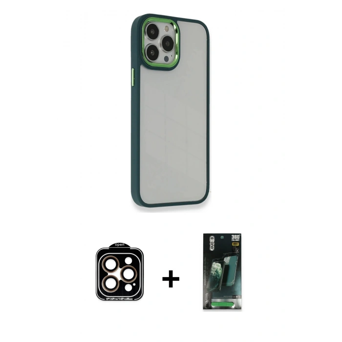 MARSİLYAN™- iPhone 14 Pro Max Kılıf Eksen Doku Prime - Şeffaf 360 Full Body Arka Koruyucu + PVD Metal Kamera Lens - TU