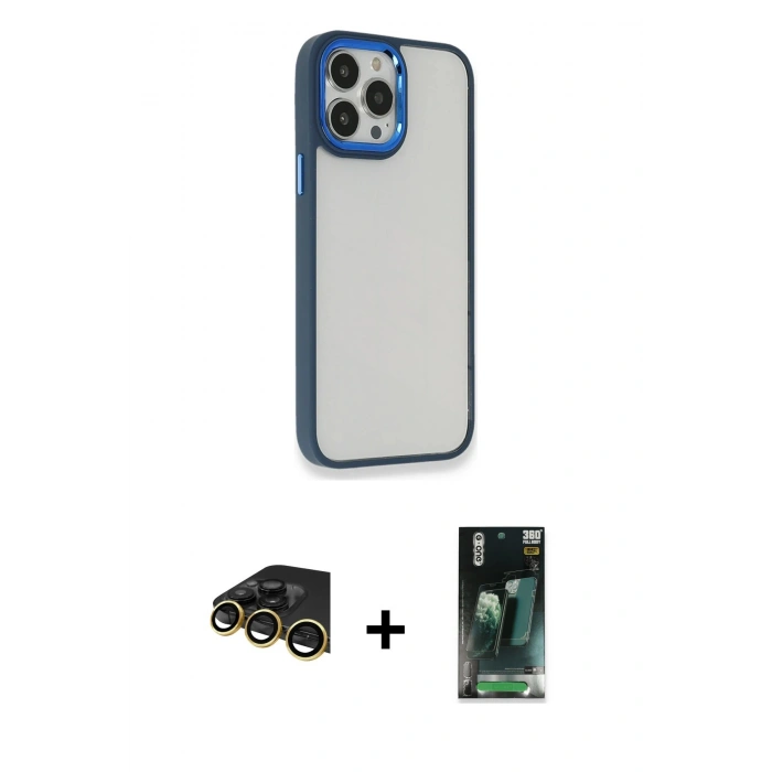 MARSİLYAN™- iPhone 14 Pro Max Kılıf Eksen Doku Prime - Şeffaf 360 Full Body Arka Koruyucu + Raze Metal Kamera Lens - GD