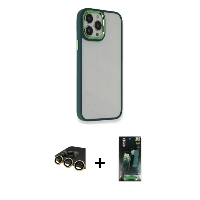 MARSİLYAN™- iPhone 14 Pro Max Kılıf Eksen Doku Prime - Şeffaf 360 Full Body Arka Koruyucu + Raze Metal Kamera Lens - GD