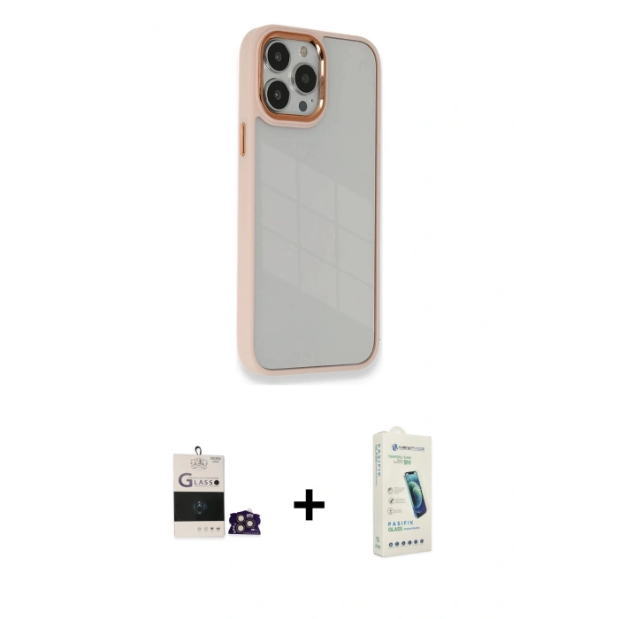 MARSİLYAN™- iPhone 14 Pro Max Kılıf Eksen Doku Prime - Şeffaf Pasifik Cam Ekran Koruyucu + Bilvis Titan Kamera Lens - GD