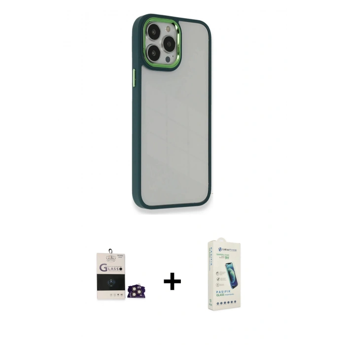 MARSİLYAN™- iPhone 14 Pro Max Kılıf Eksen Doku Prime - Şeffaf Pasifik Cam Ekran Koruyucu + Bilvis Titan Kamera Lens - GD