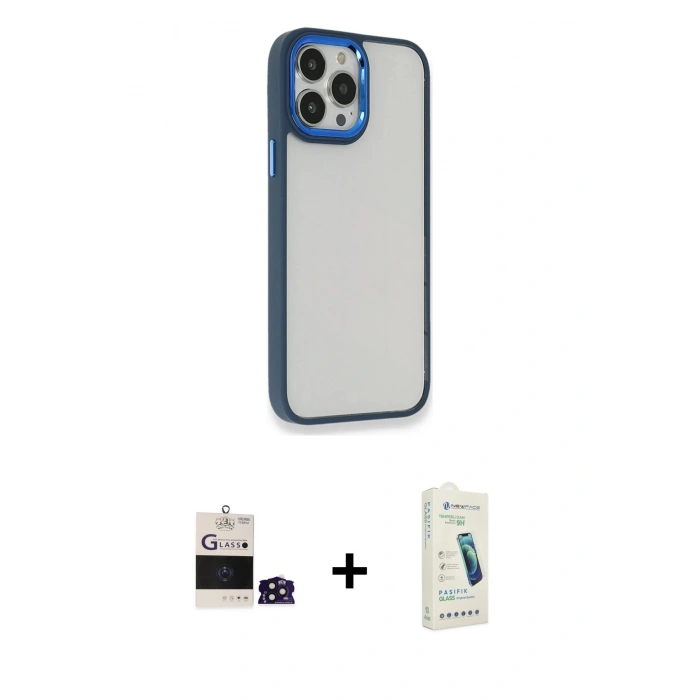 MARSİLYAN™- iPhone 14 Pro Max Kılıf Eksen Doku Prime - Şeffaf Pasifik Cam Ekran Koruyucu + Bilvis Titan Kamera Lens - DNMR