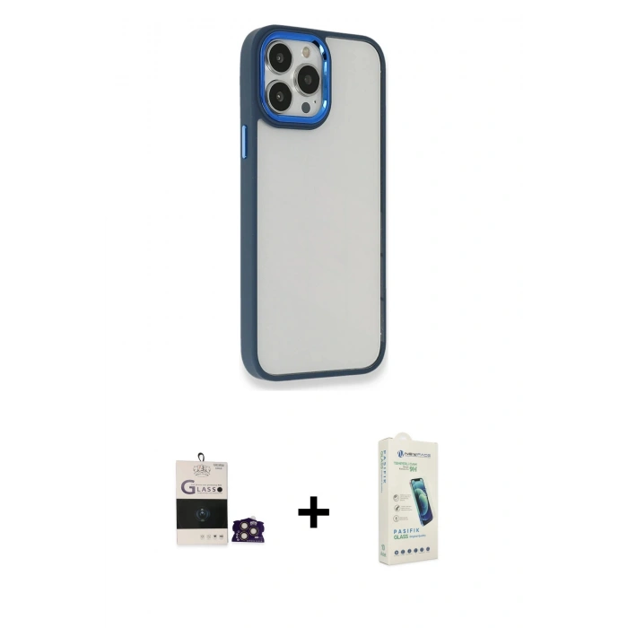 MARSİLYAN™- iPhone 14 Pro Max Kılıf Eksen Doku Prime - Şeffaf Pasifik Cam Ekran Koruyucu + Gold Bilvis Titan Kamera Lens