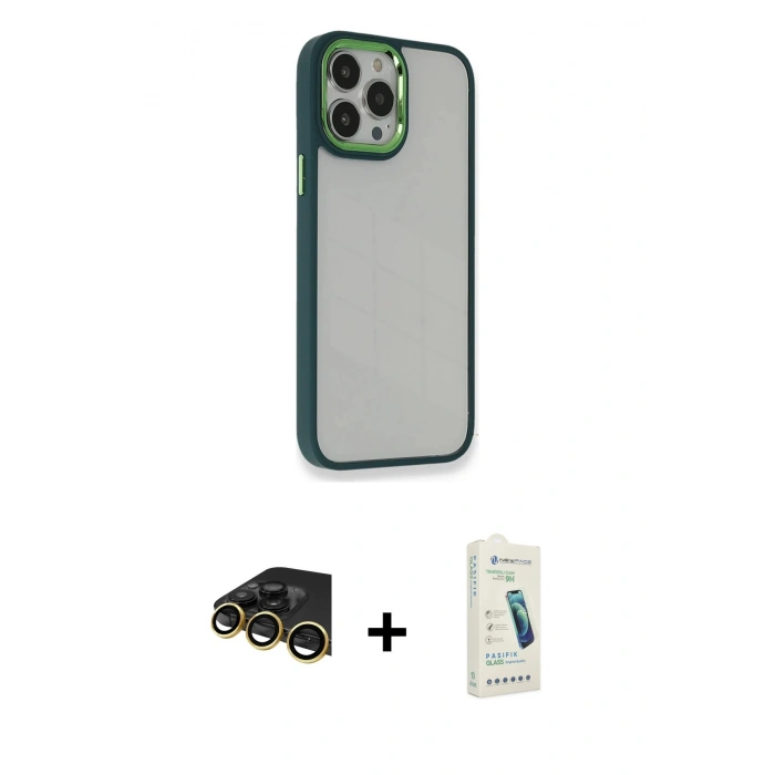 MARSİLYAN™- iPhone 14 Pro Max Kılıf Eksen Doku Prime - Şeffaf Pasifik Cam Ekran Koruyucu + Raze Metal Kamera Lens - GD