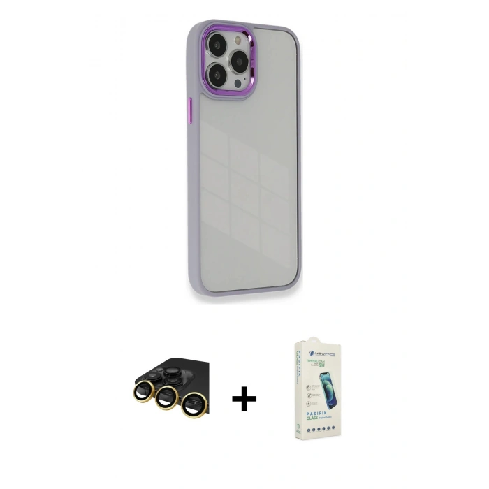 MARSİLYAN™- iPhone 14 Pro Max Kılıf Eksen Doku Prime - Şeffaf Pasifik Cam Ekran Koruyucu + Raze Metal Kamera Lens - GD