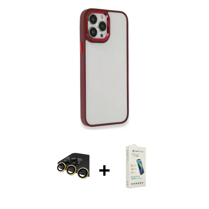 MARSİLYAN™- iPhone 14 Pro Max Kılıf Eksen Doku Prime - Şeffaf Pasifik Cam Ekran Koruyucu + Raze Metal Kamera Lens - GD