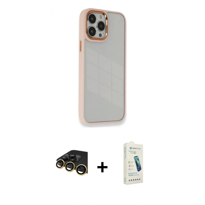 MARSİLYAN™- iPhone 14 Pro Max Kılıf Eksen Doku Prime - Şeffaf Pasifik Cam Ekran Koruyucu + Raze Metal Kamera Lens - GD