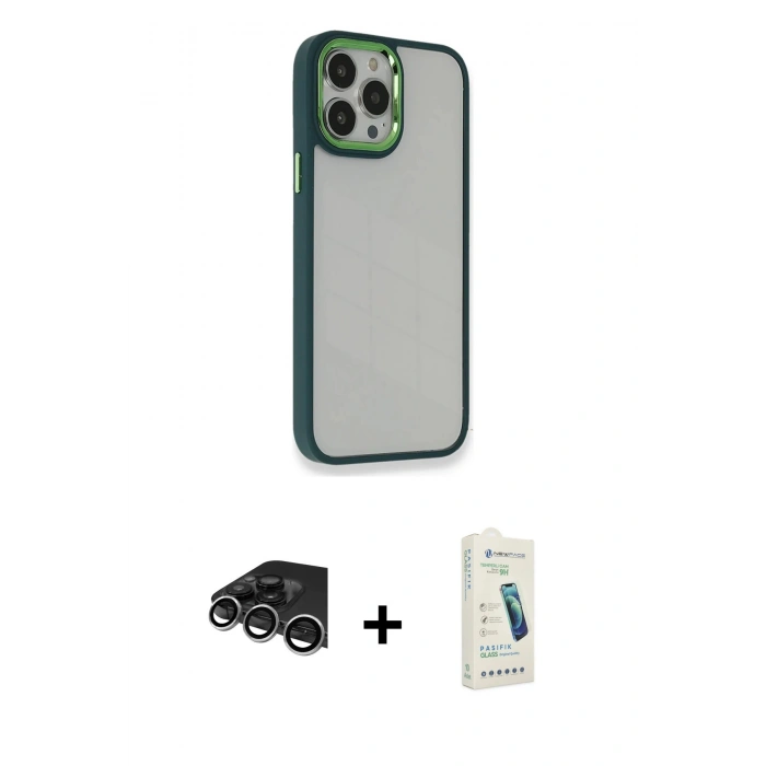 MARSİLYAN™- iPhone 14 Pro Max Kılıf Eksen Doku Prime - Şeffaf Pasifik Cam Ekran Koruyucu + Raze Metal Kamera Lens - GS