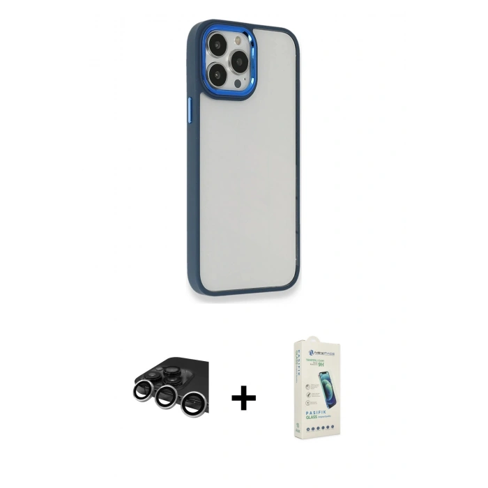 MARSİLYAN™- iPhone 14 Pro Max Kılıf Eksen Doku Prime - Şeffaf Pasifik Cam Ekran Koruyucu + Raze Metal Kamera Lens - GS