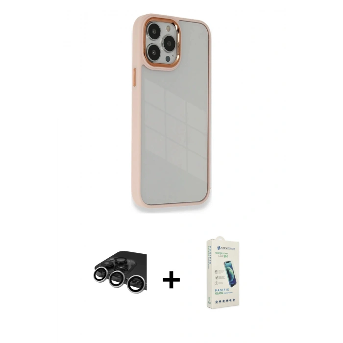 MARSİLYAN™- iPhone 14 Pro Max Kılıf Eksen Doku Prime - Şeffaf Pasifik Cam Ekran Koruyucu + Raze Metal Kamera Lens - GS
