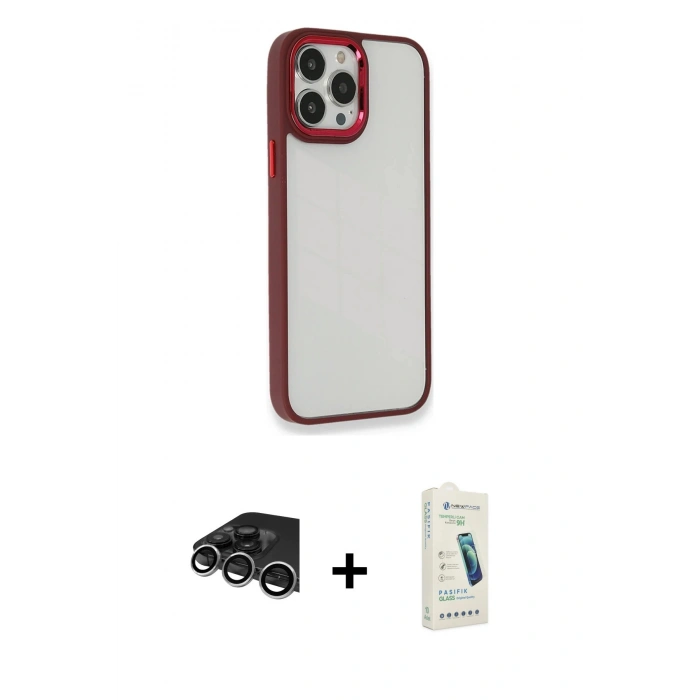 MARSİLYAN™- iPhone 14 Pro Max Kılıf Eksen Doku Prime - Şeffaf Pasifik Cam Ekran Koruyucu + Raze Metal Kamera Lens - GS