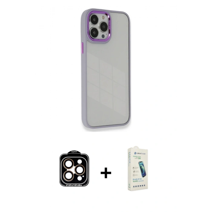 MARSİLYAN™- iPhone 14 Pro Max Kılıf Eksen Doku Prime - Şeffaf Pasifik Cam Ekran Koruyucu + PVD Metal Kamera Lens - TU