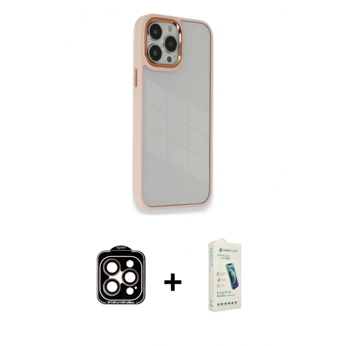 MARSİLYAN™- iPhone 14 Pro Max Kılıf Eksen Doku Prime - Şeffaf Pasifik Cam Ekran Koruyucu + PVD Metal Kamera Lens - TU