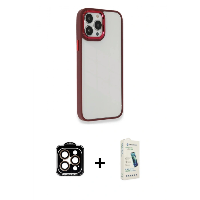 MARSİLYAN™- iPhone 14 Pro Max Kılıf Eksen Doku Prime - Şeffaf Pasifik Cam Ekran Koruyucu + PVD Metal Kamera Lens - TU