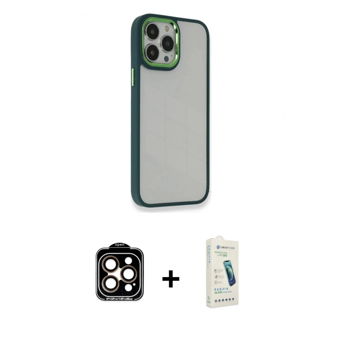 MARSİLYAN™- iPhone 14 Pro Max Kılıf Eksen Doku Prime - Şeffaf Pasifik Cam Ekran Koruyucu + PVD Metal Kamera Lens - TU