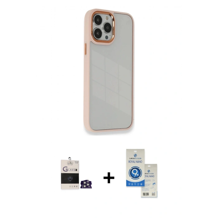 MARSİLYAN™- iPhone 14 Pro Max Kılıf Eksen Doku Prime - Şeffaf Royal Nano Ekran Koruyucu + Gümüş Bilvis Titan Kamera Lens
