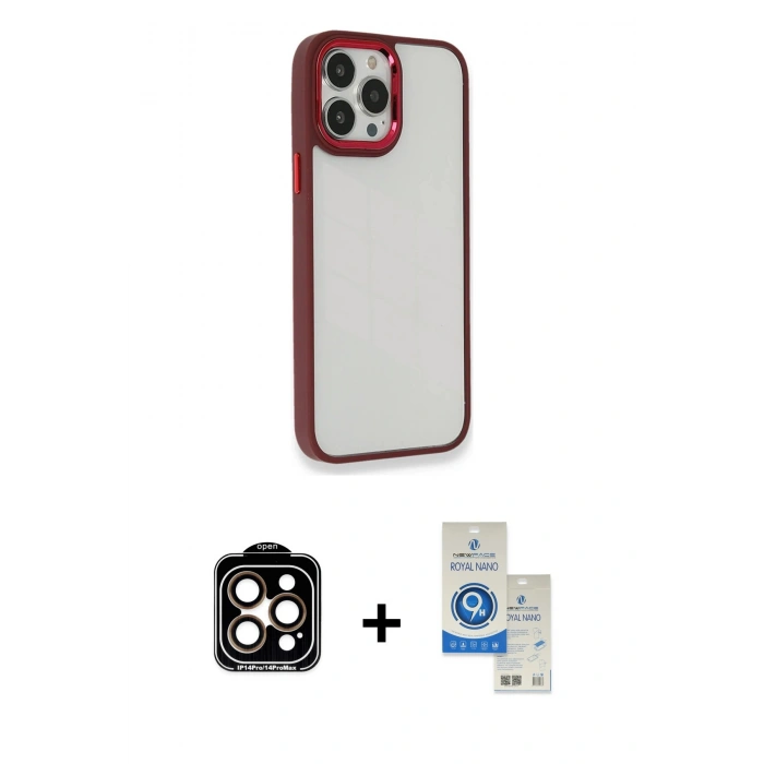 MARSİLYAN™- iPhone 14 Pro Max Kılıf Eksen Doku Prime - Şeffaf Royal Nano Ekran Koruyucu + PVD Metal Kamera Lens - TU