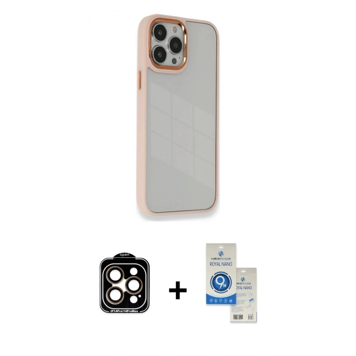 MARSİLYAN™- iPhone 14 Pro Max Kılıf Eksen Doku Prime - Şeffaf Royal Nano Ekran Koruyucu + PVD Metal Kamera Lens - TU