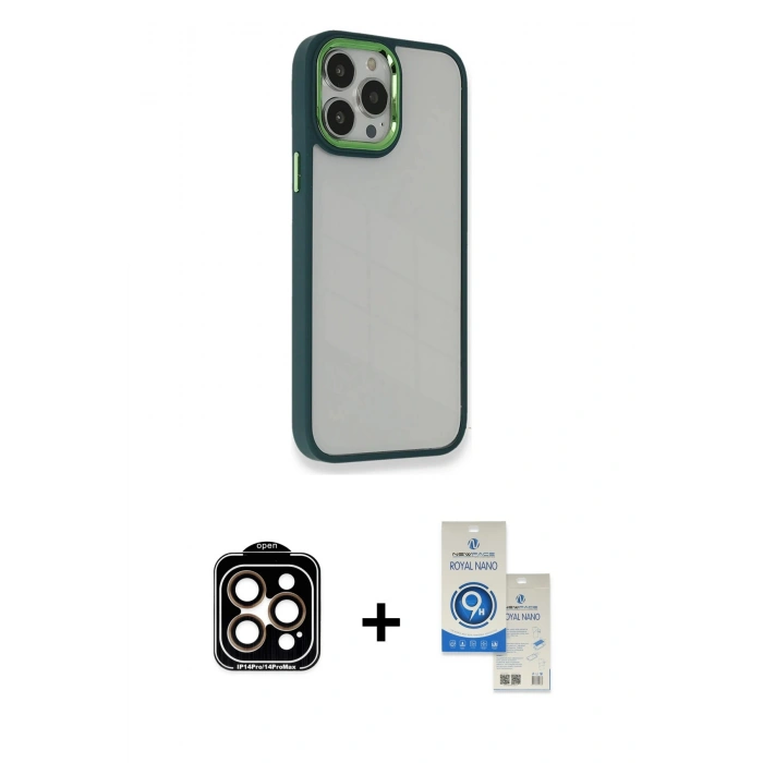 MARSİLYAN™- iPhone 14 Pro Max Kılıf Eksen Doku Prime - Şeffaf Royal Nano Ekran Koruyucu + PVD Metal Kamera Lens - TU