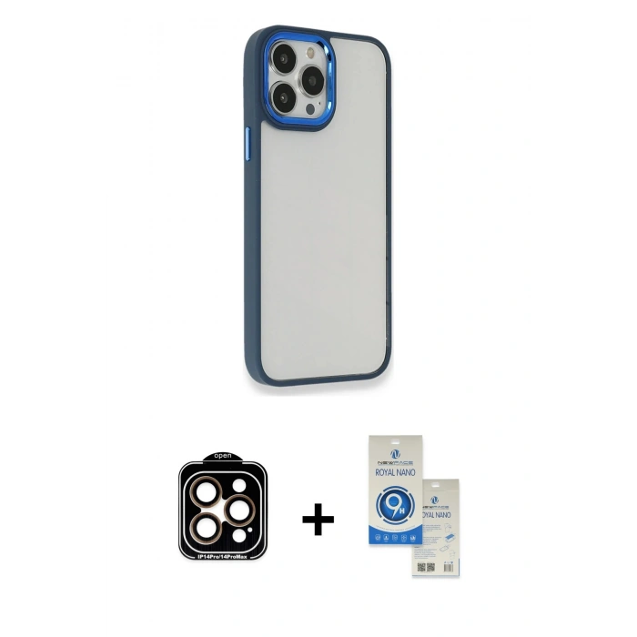MARSİLYAN™- iPhone 14 Pro Max Kılıf Eksen Doku Prime - Şeffaf Royal Nano Ekran Koruyucu + PVD Metal Kamera Lens - TU