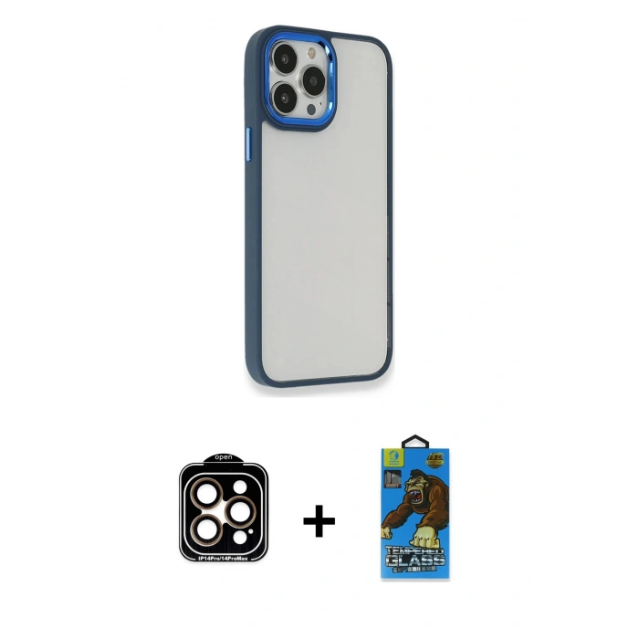 MARSİLYAN™- iPhone 14 Pro Max Kılıf Eksen Doku Prime - Siyah 18D Cam Ekran Koruyucu + PVD Metal Kamera Lens - TU