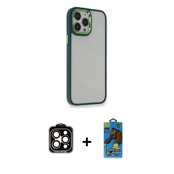 MARSİLYAN™- iPhone 14 Pro Max Kılıf Eksen Doku Prime - Siyah 18D Cam Ekran Koruyucu + PVD Metal Kamera Lens - TU