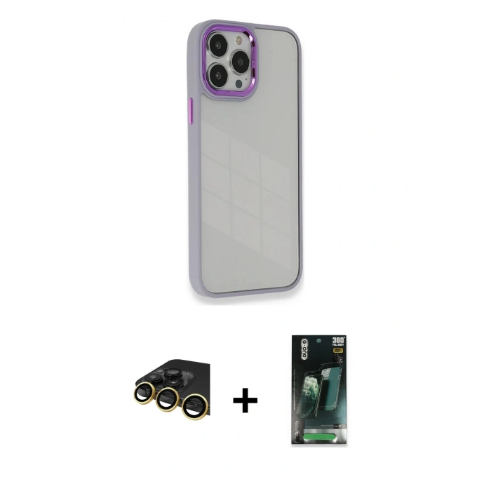 MARSİLYAN™- iPhone 14 Pro Max Kılıf Eksen Doku Prime - Siyah 360 Mat Full Body Arka Koruyucu + Gold Raze Metal Kamera Lens