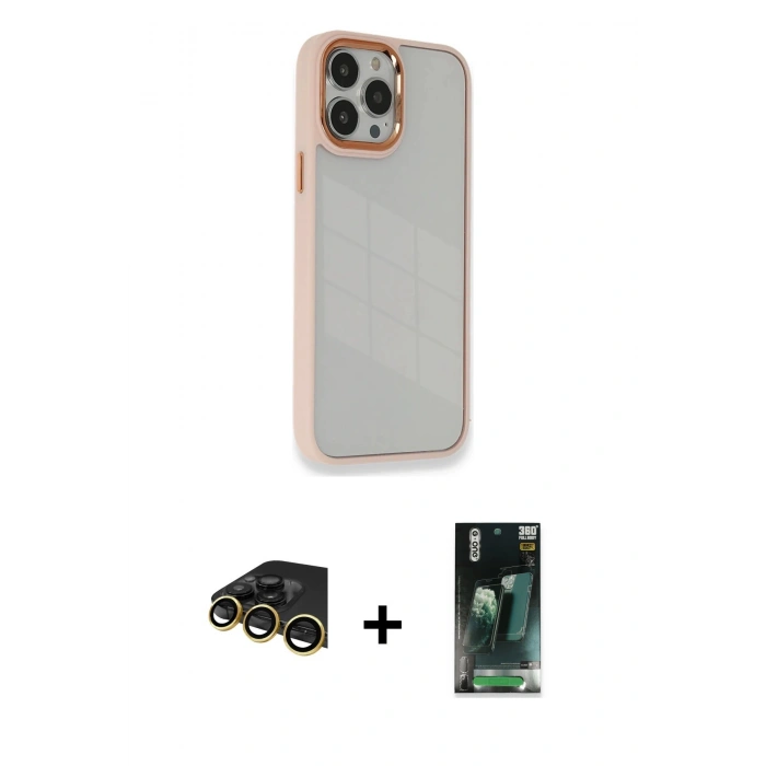 MARSİLYAN™- iPhone 14 Pro Max Kılıf Eksen Doku Prime - Siyah 360 Mat Full Body Arka Koruyucu + Gold Raze Metal Kamera Lens