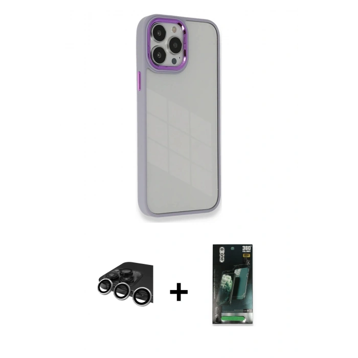 MARSİLYAN™- iPhone 14 Pro Max Kılıf Eksen Doku Prime - Siyah 360 Mat Full Body Arka Koruyucu + Raze Metal Kamera Lens - GS