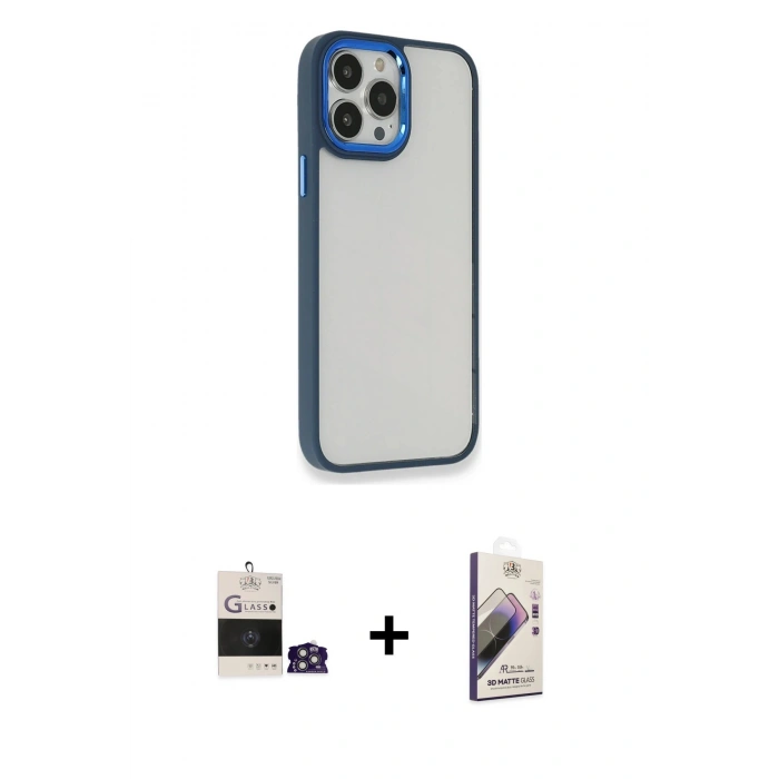 MARSİLYAN™- iPhone 14 Pro Max Kılıf Eksen Doku Prime - Siyah Bilvis 3D Mat Cam Ekran Koruyucu + Gümüş Bilvis Titan Kamera Lens