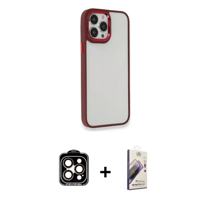 MARSİLYAN™- iPhone 14 Pro Max Kılıf Eksen Doku Prime - Siyah Bilvis 3D Mat Cam Ekran Koruyucu + PVD Metal Kamera Lens - TU