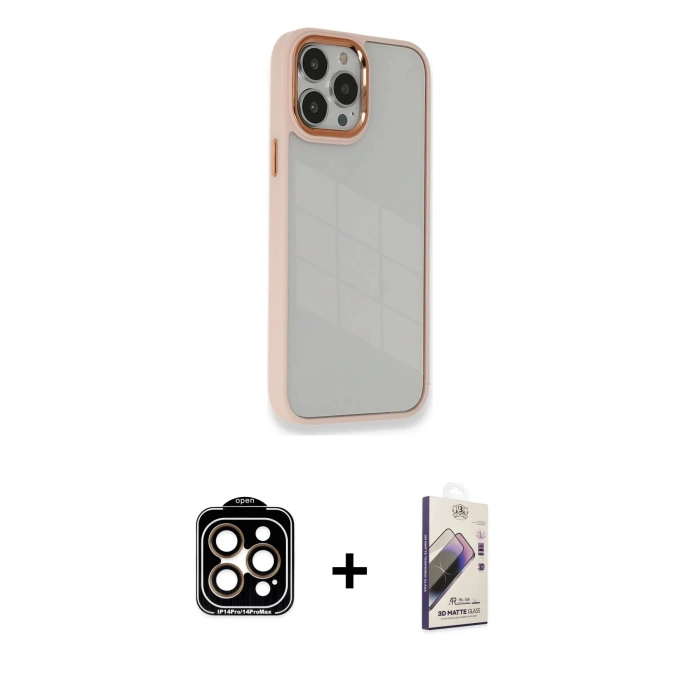 MARSİLYAN™- iPhone 14 Pro Max Kılıf Eksen Doku Prime - Siyah Bilvis 3D Mat Cam Ekran Koruyucu + PVD Metal Kamera Lens - TU