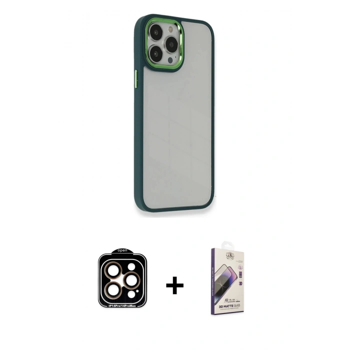 MARSİLYAN™- iPhone 14 Pro Max Kılıf Eksen Doku Prime - Siyah Bilvis 3D Mat Cam Ekran Koruyucu + PVD Metal Kamera Lens - TU