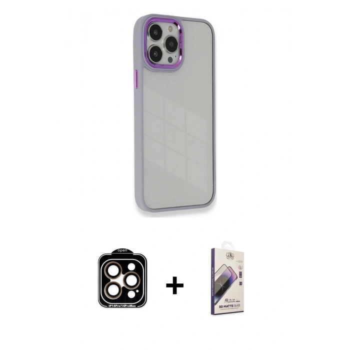 MARSİLYAN™- iPhone 14 Pro Max Kılıf Eksen Doku Prime - Siyah Bilvis 3D Mat Cam Ekran Koruyucu + PVD Metal Kamera Lens - TU