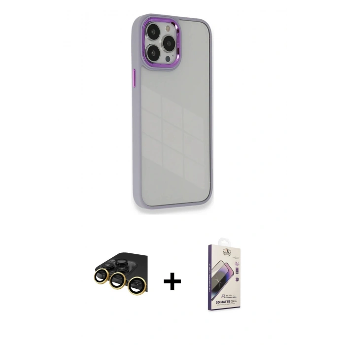 MARSİLYAN™- iPhone 14 Pro Max Kılıf Eksen Doku Prime - Siyah Bilvis 3D Mat Cam Ekran Koruyucu + Raze Metal Kamera Lens - GD