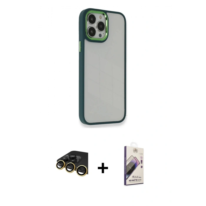 MARSİLYAN™- iPhone 14 Pro Max Kılıf Eksen Doku Prime - Siyah Bilvis 3D Mat Cam Ekran Koruyucu + Raze Metal Kamera Lens - GD
