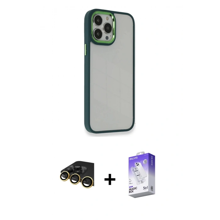 MARSİLYAN™- iPhone 14 Pro Max Kılıf Eksen Doku Prime - Siyah Bilvis 5in1 3D Magic Cam Ekran Koruyucu + Raze Metal Kamera Lens - GD